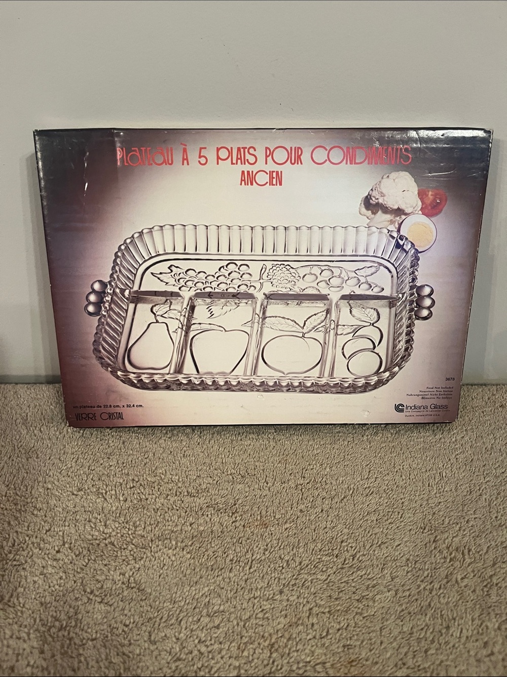 Indiana Glass Clear Glass Divided Condiment Tray with Decorative Fruit Motif